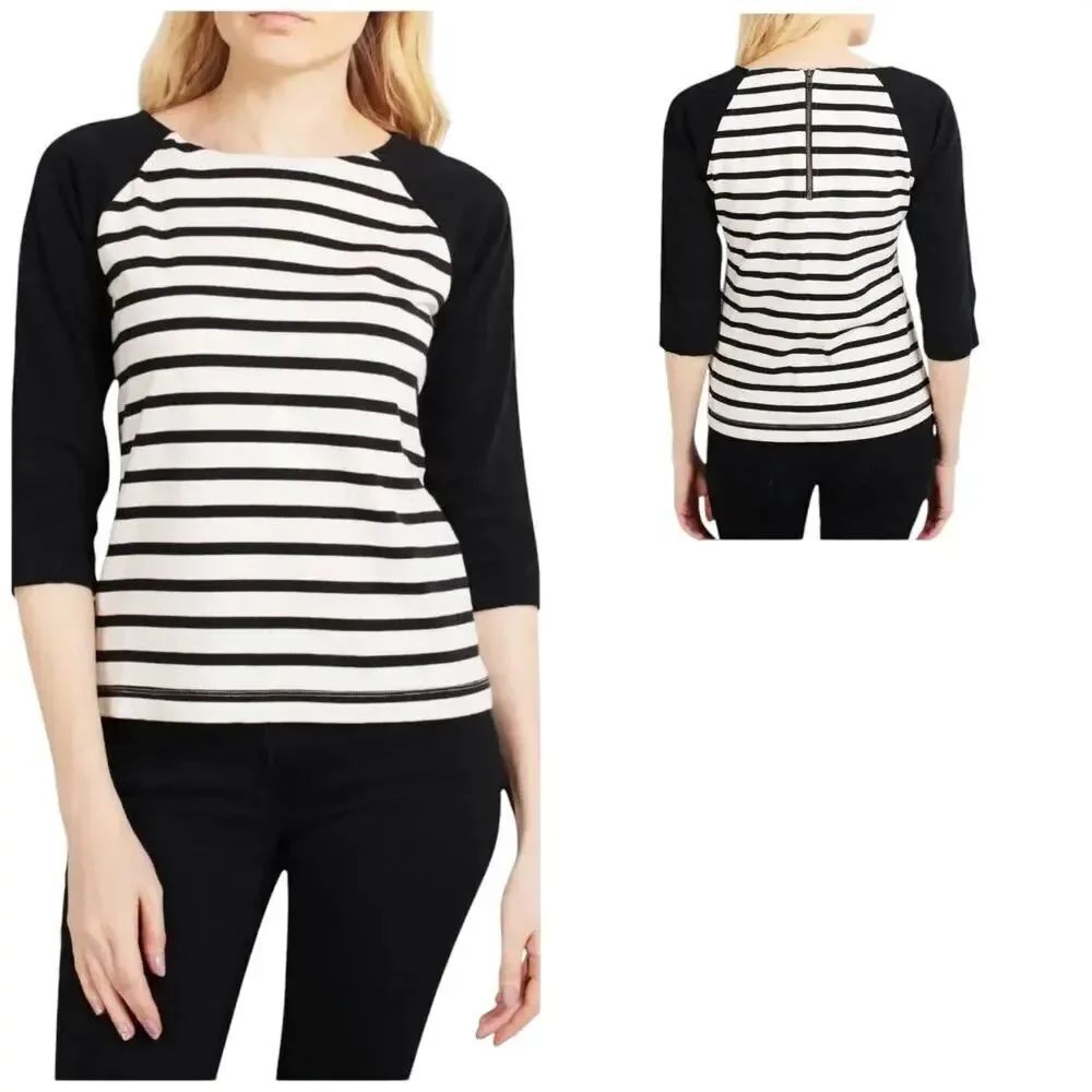 J. Crew Women's Size XS Black & Brown Raglan Sailor Stripe 3/4 Sleeve Top Blouse